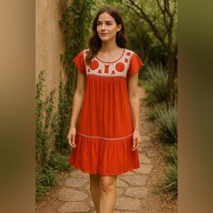 One of a kind boutique orange white hand made dress embroidered floral Texas UT